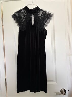 White House Black Market Black Velvet Midi Dress with Lace Yoke